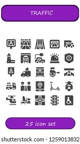 Vector icons pack of 25 filled traffic icons. Simple modern icons about  - Location pin, Road, Gps, Van, Split point, Tunnel, Electric car, Siren, Warning, Train, Rickshaw, Car