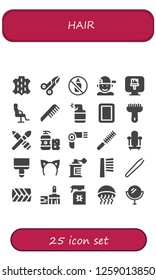 Vector icons pack of 25 filled hair icons. Simple modern icons about  - Skin, Scissors, Aerosol, Boy, Paint brush, Salon chair, Comb, Spray, Mirror, Brush, Shampoo, Hairdryer