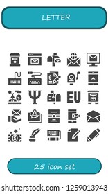 Vector icons pack of 25 filled letter icons. Simple modern icons about  - Mailbox, Email, Keyboard, Contract, Mail, Navigation, Tipi, Psi, Symbol, Mail box, Note, Postcard, Message