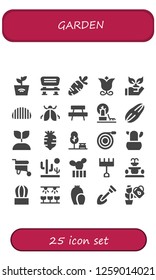 Vector icons pack of 25 filled garden icons. Simple modern icons about  - Plant, Bench, Carrot, Flower, Planting, Caterpillar, Ladybug, Landscape, Seed, Growing plant, Radish