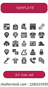 Vector icons pack of 25 filled template icons. Simple modern icons about  - Browser, Label, File, Shorts, Rope, Placeholder, Music store, Tshirt, Cloud download, Folder, Baseball cap
