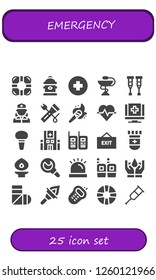 Vector icons pack of 25 filled emergency icons. Simple modern icons about  - Lifesaver, Hydrant, Hospital, Pharmacy, Crutches, Nurse, Flashlight, Torch, Cardiogram, Medical, Enema