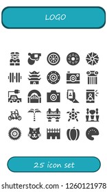 Vector icons pack of 25 filled logo icons. Simple modern icons about  - Nerd, Pistol, Kiwi, Doughnut, Cookie, Dumbbell, Pagoda, Shield, Camera, Column, Electric car, Door, Selfie