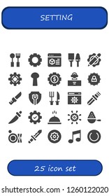 Vector icons pack of 25 filled setting icons. Simple modern icons about  - Cutlery, Settings, Utensils, Setting, Spoon, DJ, Knife, Meal, Plate, Music