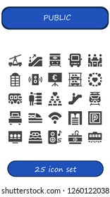 Vector icons pack of 25 filled public icons. Simple modern icons about  - Train, Escalator, Bus, Conference, Phone booth, Speaker, Presentation, Parkings, Group, People, Subway