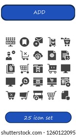 Vector icons pack of 25 filled add icons. Simple modern icons about  - Online shop, Bookmark, Add, Trolley, Shopping cart, Remove user, Cloud storage, File, Cart