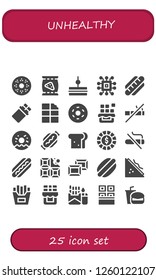 Vector icons pack of 25 filled unhealthy icons. Simple modern icons about  - Doughnut, Chips, Sandwich, Chip, Hot dog, Chocolate, No smoking, French fries, Cigarette, Fast food