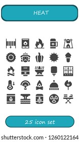 Vector icons pack of 25 filled heat icons. Simple modern icons about  - Hose, Fire, Thermo, Bonfire, Sun, Firefighter, Pepper, Torch, Water heater, Oven, Water dispenser, Burner