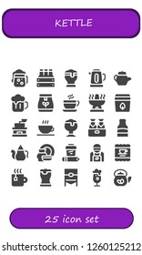 Vector icons pack of 25 filled kettle icons. Simple modern icons about  - Beer, Kettle, Tea pot, Tea bag, Coffee, Oven, Coffee grinder, Coffee shop, Teapot, Porcelain, Barista