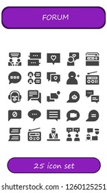 Vector icons pack of 25 filled forum icons. Simple modern icons about  - Chat, Speech, Radio, Comment, Comments, Add user, Commentator, Talk