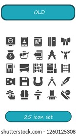 Vector icons pack of 25 filled old icons. Simple modern icons about  - Television, Smartphone, Refrigerator, Ribbon, Money bag, Rifle, Compass, Skull, Dictaphone, Abacus, Phone