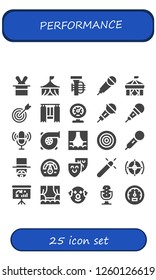 Vector icons pack of 25 filled performance icons. Simple modern icons about  - Magician, Circus, Tuba, Karaoke, Target, Curtain, Meter, Microphone, Turbo, Stage, Dartboard, Speedometer