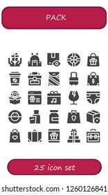 Vector Icons Pack Of 25 Filled Pack Icons. Simple Modern Icons About  - Gift, Backpack, Package, Bag, Take Away, Briefcase, Suitcase, Shopping Bag, Present, Fragile, Diaper, Hamster Ball