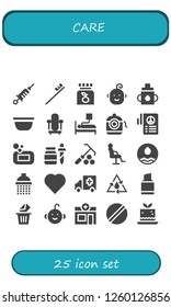 Vector icons pack of 25 filled care icons. Simple modern icons about  - Vaccine, Toothbrush, Vitamin c, Baby, Feeder, Bowl, Mirror, Blood donation, Dental floss, Peace, Soap, Pipette