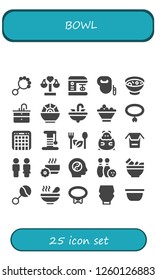 Vector icons pack of 25 filled bowl icons. Simple modern icons about  - Rattle, Balance, Mixer, Leash dog, Soup, Sink, Salad, Fruit bowl, Collar, Scratcher, Hamster, Noodles, Toilet