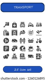 Vector icons pack of 25 filled transport icons. Simple modern icons about  - Package, Delivery, Trunk, Buggy, Truck, Tank, Tunnel, Jet ski, World, Take off, Traffic signal, Car