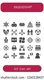 Vector icons pack of 25 filled friendship icons. Simple modern icons about  - Team, Friends, Handshake, Network, Connection, Deal, Friendship, Friend, Help, Teamwork, Networking