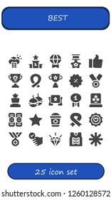 Vector icons pack of 25 filled best icons. Simple modern icons about  - Success, Podium, Prize, Star, Like, Award, Ribbon, Trophy, Discount, Medal, Smoke bomb, Banner, Quality