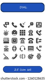 Vector icons pack of 25 filled dial icons. Simple modern icons about  - Phone call, Clocks, Levels, Time, Clock, Keypad, Phone, Radio, Wall clock, Telephone, Wristwatch, Headset