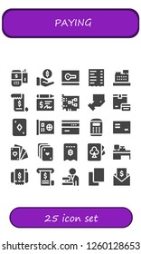 Vector icons pack of 25 filled paying icons. Simple modern icons about  - Payment terminal, Payment, Card, Receipt, Cashier, Invoice, Cheque, Payment method, Cards, Cash machine