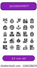 Vector icons pack of 25 filled environment icons. Simple modern icons about  - Palm tree, Drop, Package, Factory, Blood, Ecologism, Target, Green energy, Coal, Plant, Nuclear plant