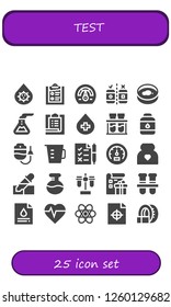 Vector icons pack of 25 filled test icons. Simple modern icons about  - Blood, Clipboard, Speedometer, Testing, Petri dish, Flask, Task, Chemical, Contact lens, Dropper, Measuring cup