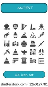 Vector icons pack of 25 filled ancient icons. Simple modern icons about  - Ancient aliens, Roma, Harp, Qutb minar, Alchemy, Cannon, Statue, Pyramid, Triquetra, Mace, Notre dame