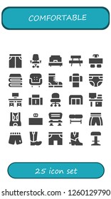 Vector icons pack of 25 filled comfortable icons. Simple modern icons about  - Short, Desk chair, Single bed, Bench, Desk, Blanket, Armchair, Boots, Sofa, Diaper, Shorts, Stool