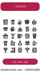 Vector icons pack of 25 filled mocha icons. Simple modern icons about  - Coffee machine, Coffee, Cup, Coffee cup, Coffee shop, Mug, French press, Paper cup, Barista, bag