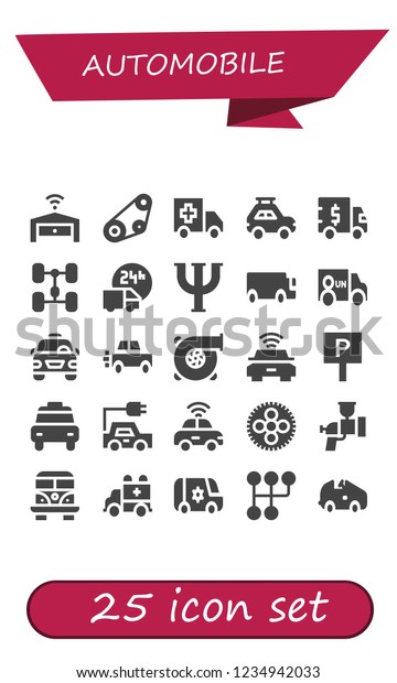Vector icons pack of 25 filled automobile icons.\
Simple modern icons about  - Garage, Timing belt, Ambulance, Car,\
Truck, Chassis, Delivery truck, Psi, Cargo truck, Van, Taxi, Turbo,\
Electric car