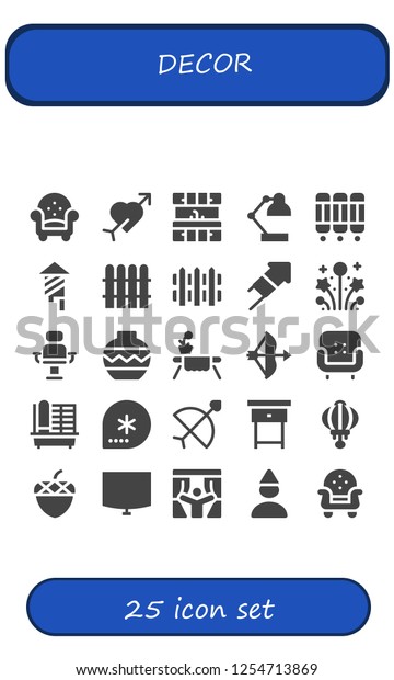Vector\
icons pack of 25 filled decor icons. Simple modern icons about  -\
Armchair, Cupid, Kitchen, Desk lamp, Room divider, Fireworks,\
Fence, Vase, Table, Bow, Cage, Winter,\
Nightstand