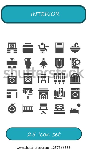Vector icons pack\
of 25 filled interior icons. Simple modern icons about  - Vanity,\
Fridge, Chair, Bed, Sink, Desk, Vase, Lamp, Bidet, Planning,\
Washing machine, Room\
divider