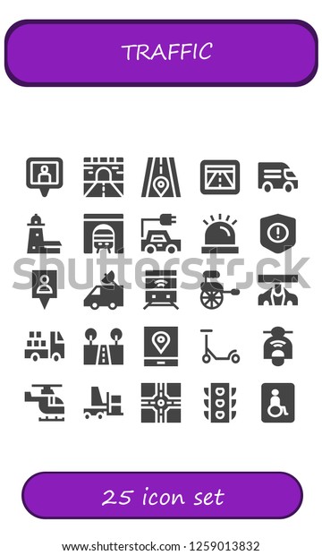 Vector icons pack of
25 filled traffic icons. Simple modern icons about  - Location pin,
Road, Gps, Van, Split point, Tunnel, Electric car, Siren, Warning,
Train, Rickshaw, Car