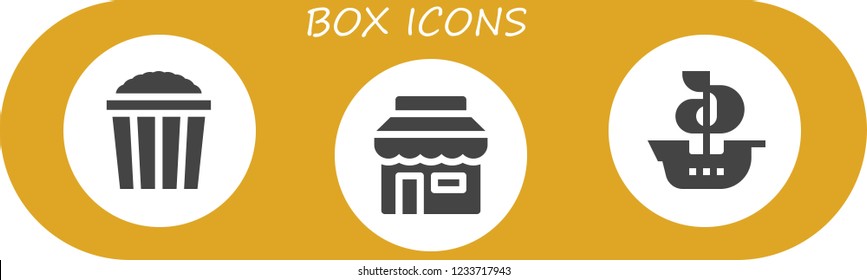 Vector icons pack of 3 filled box icons. Simple modern icons about  - Popcorn, Shop, Ship