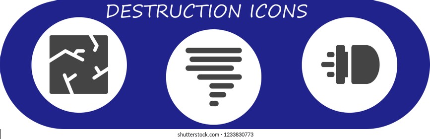Vector icons pack of 3 filled destruction icons. Simple modern icons about  - Crack, Tornado, Missile