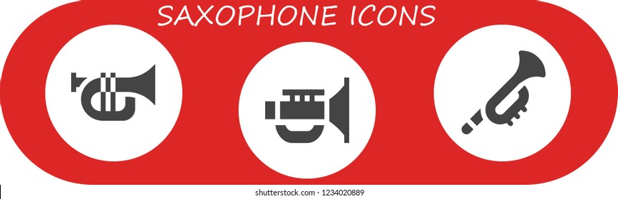 Vector icons pack of 3 filled saxophone icons. Simple modern icons about  - Trumpet, Jazz