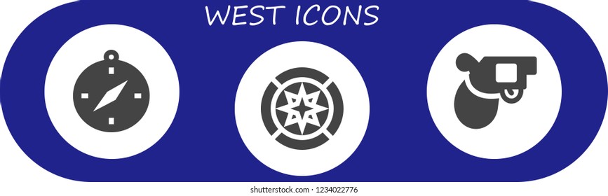 Vector icons pack of 3 filled west icons. Simple modern icons about  - Compass, Wind rose, Pistol