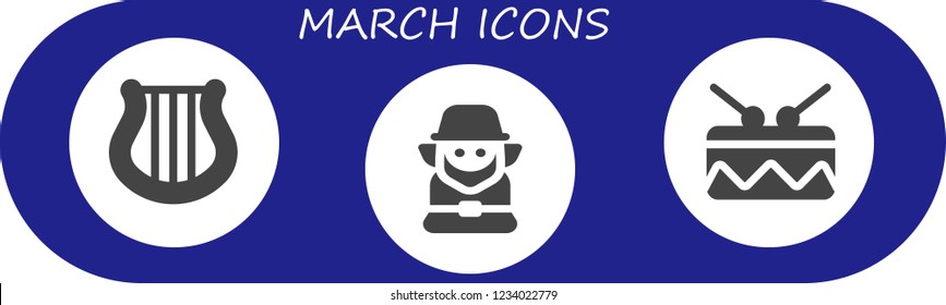 Vector icons pack of 3 filled march icons. Simple modern icons about  - Harp, Leprechaun, Drum