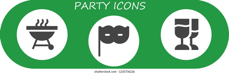 Vector icons pack of 3 filled party icons. Simple modern icons about  - Barbecue, Eye mask, Champagne