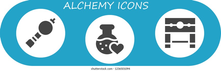 Vector icons pack of 3 filled alchemy icons. Simple modern icons about  - Bladder pipe, Love potion, Pillory