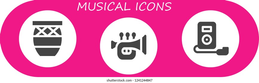 Vector icons pack of 3 filled musical icons. Simple modern icons about  - Conga, Trumpet, Mp player
