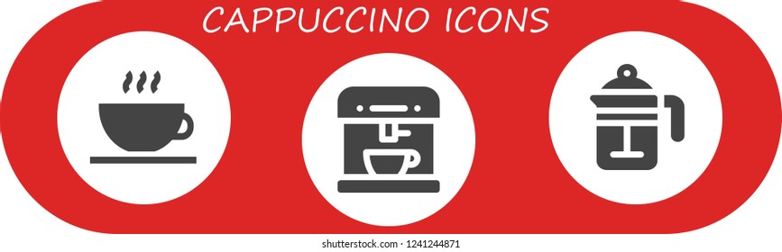 Vector icons pack of 3 filled cappuccino icons. Simple modern icons about  - Coffee shop, Coffee machine, French press