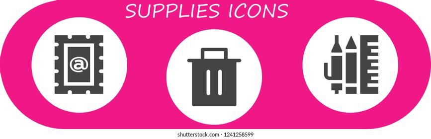 Vector icons pack of 3 filled supplies icons. Simple modern icons about  - Stamp, Trash, School material