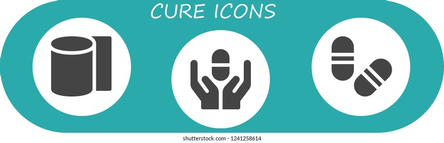 Vector icons pack of 3 filled cure icons. Simple modern icons about  - Bandages, Pill, Pills