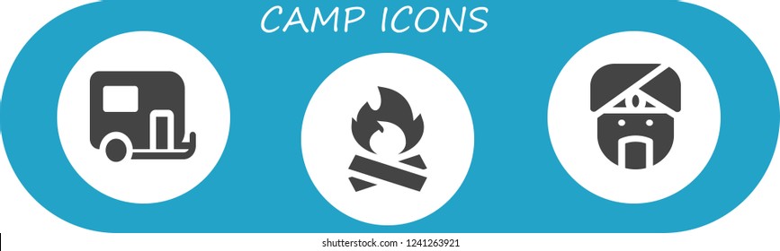 Vector icons pack of 3 filled camp icons. Simple modern icons about  - Caravan, Bonfire, Indian