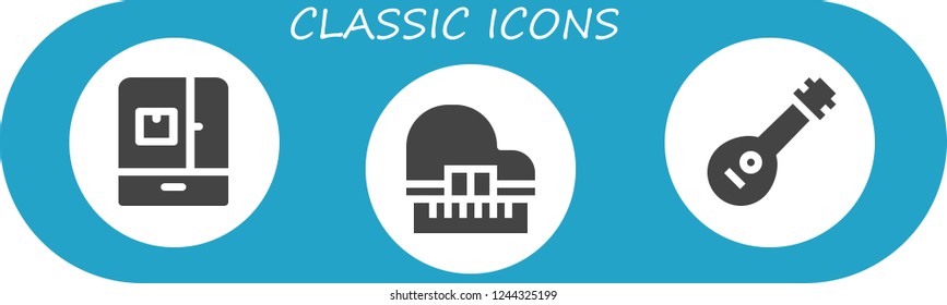 Vector icons pack of 3 filled classic icons. Simple modern icons about  - Fridge, Piano, Mandolin