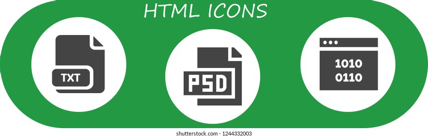 Vector icons pack of 3 filled html icons. Simple modern icons about  - Txt, Psd, Binary code