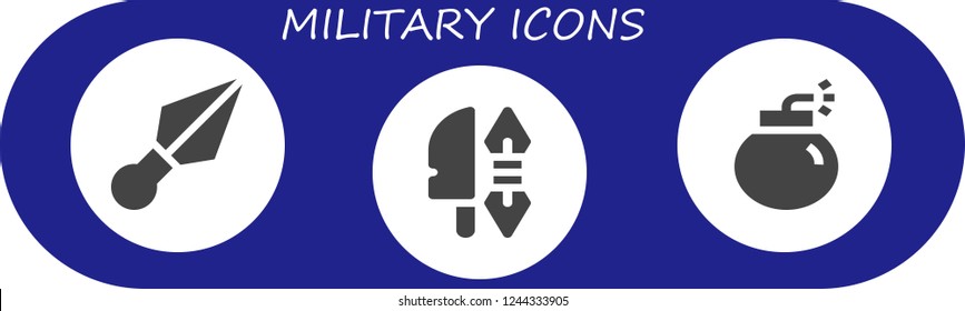 Vector icons pack of 3 filled military icons. Simple modern icons about  - Kunai, Weapon, Bomb