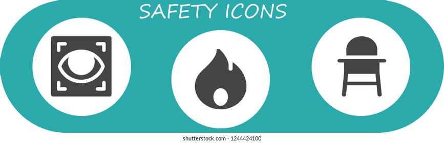 Vector icons pack of 3 filled safety icons. Simple modern icons about  - Eye scan, Fire, Baby chair