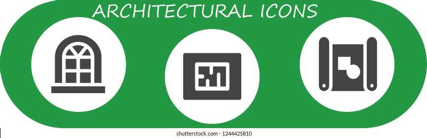Vector icons pack of 3 filled architectural icons. Simple modern icons about  - Window, Blueprint